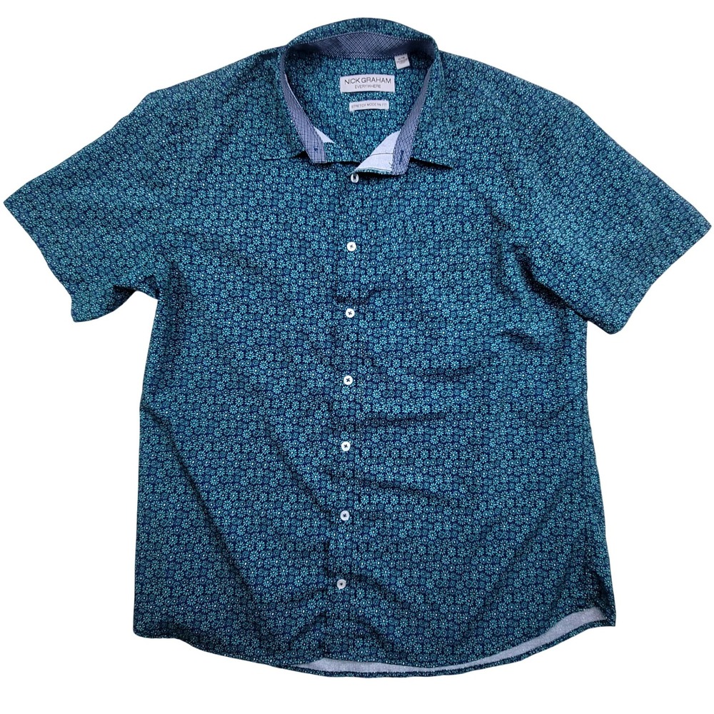 Nick Graham Mens XL Shirt Blue Floral Print Modern Fit Short Sleeve Button Up